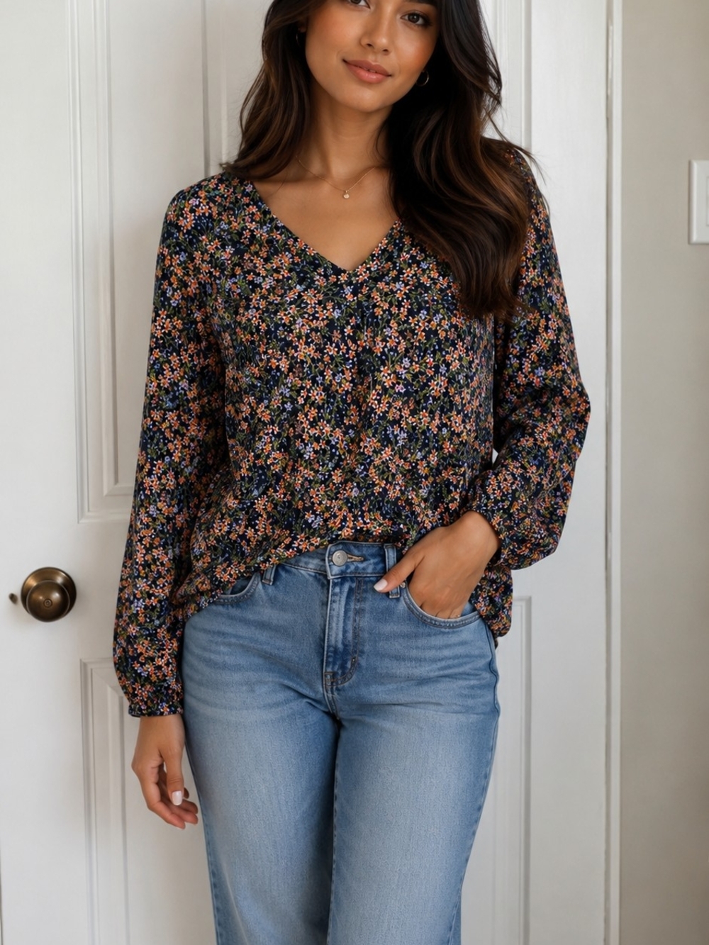 Vince Camuto Black Floral V-Neck Blouse